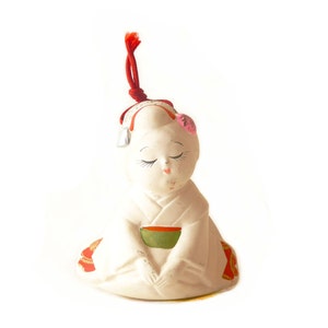 VINTAGE Colore Bianco, Kyoto Girl / Maiko Shaped Terracotta / Pottery Bell " Dorei " Campana giapponese, Lucky Charm, Dipinto a mano, Home Decor