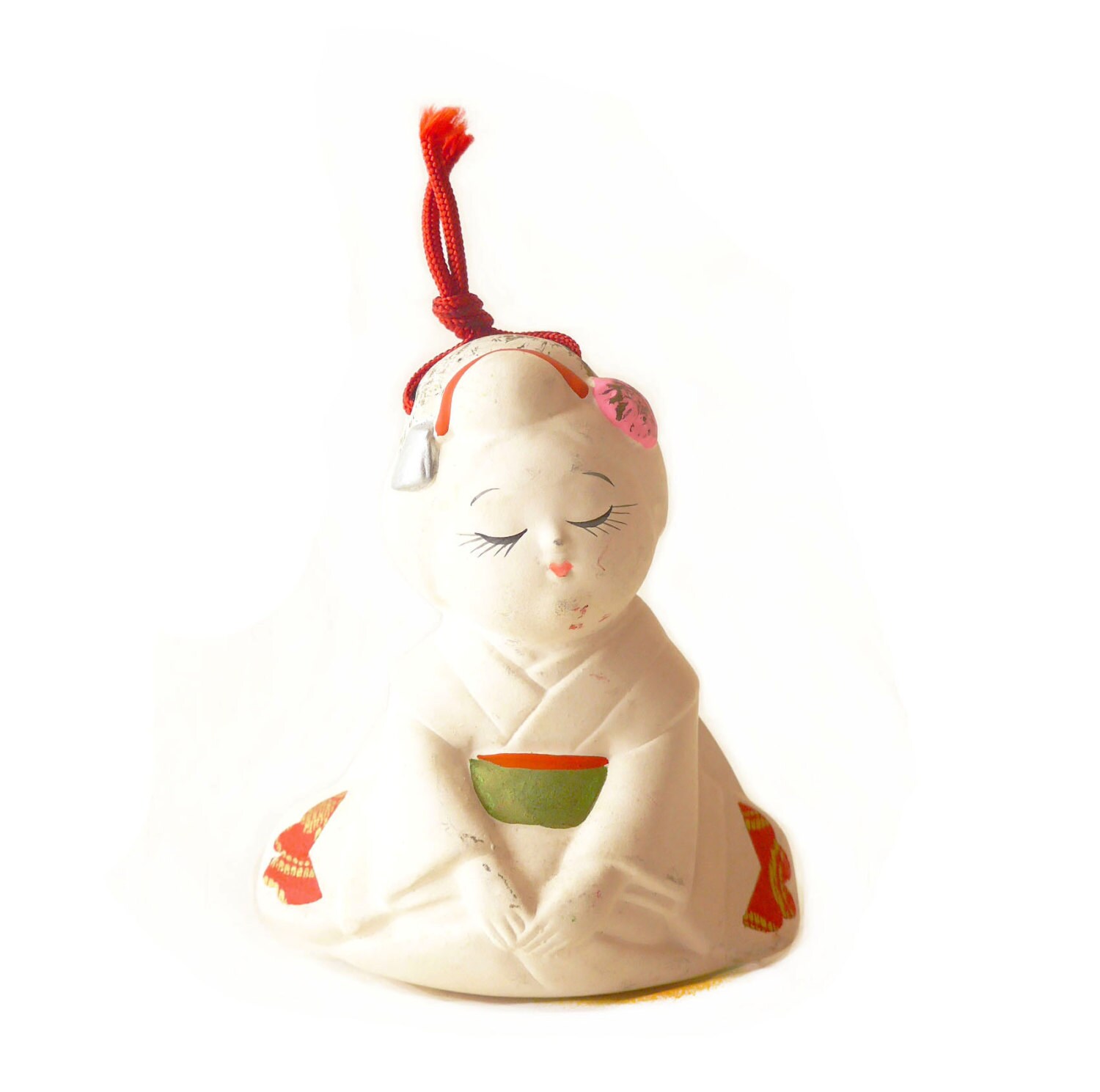 Vintage White Color , Kyoto Girl/Maiko Shaped Earthenware Pottery Bell Dorei Japanese Lucky Charm Ha