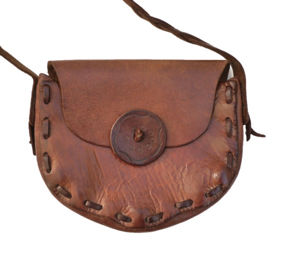 Boho Leather Bag Medium Size Thick and Sturdy Lovely Brown Tooled Leather Shoulder Purse Bag VINTAGE 1970/'s