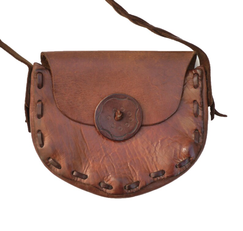 Boho Leather Bag Medium Size Thick and Sturdy Lovely Brown Tooled Leather Shoulder Purse Bag VINTAGE 1970/'s