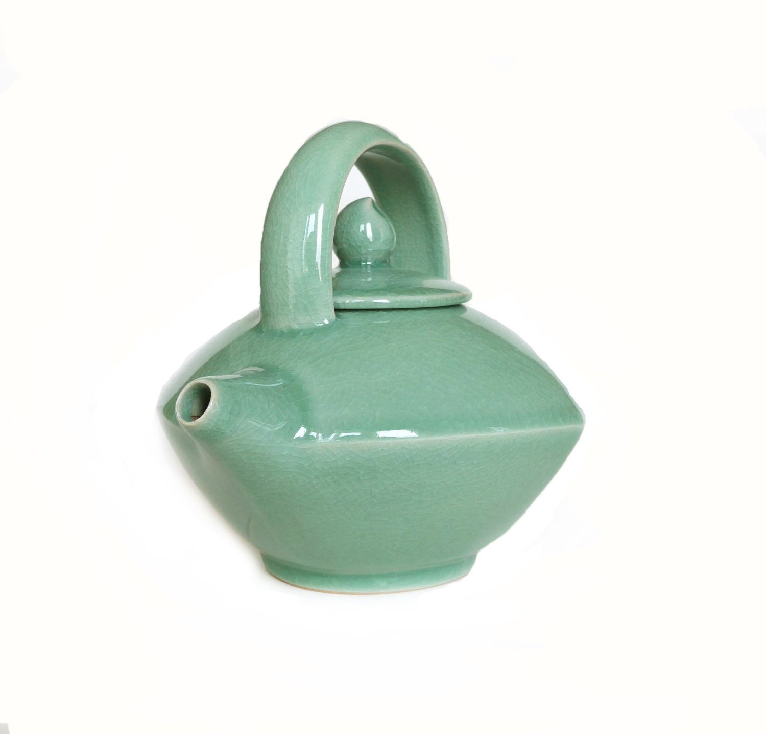 Théière en Céramique Vintage Beau Vert Mousse, Moderne Forme/Conception, Couvercle et Pot avec Anse,