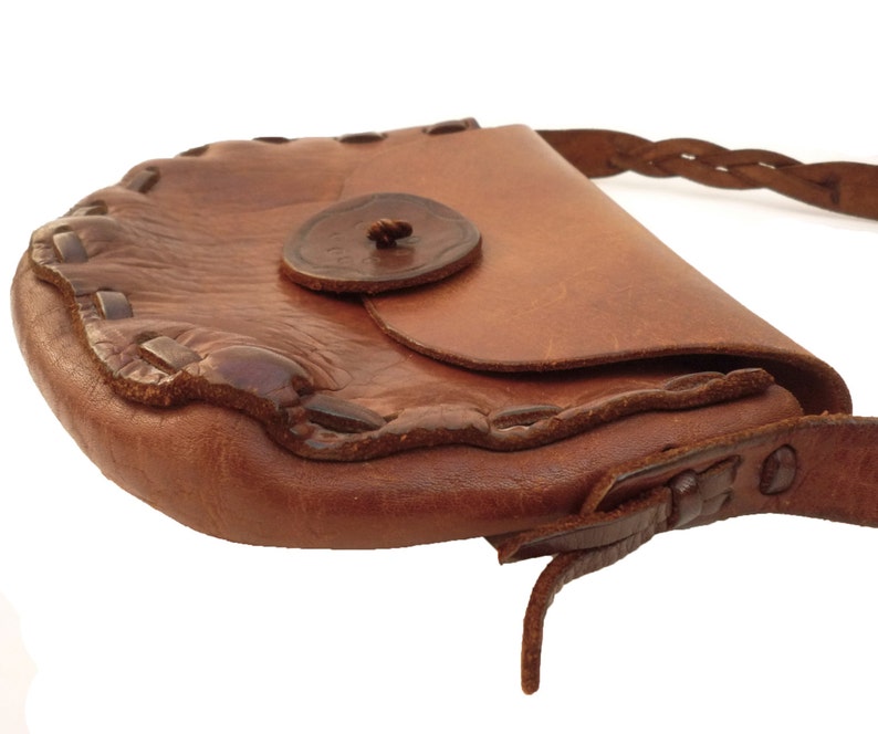 Boho Leather Bag Medium Size Thick and Sturdy Lovely Brown Tooled Leather Shoulder Purse Bag VINTAGE 1970/'s