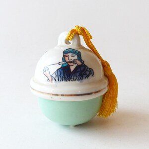 VINTAGE Japanese Ceramic Bell , Decorative Bell , Lady Motif , White and Light Green Color , &quot; Shikotsu ko &quot; from Hokkaido , Lucky Charm