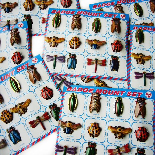 JAPANESE VINTAGE Set of 12 Charming Bug / Insect Embossed Tin Badge / Brooch / Pin , Made in Japan , New Old Store Stock , Display Card