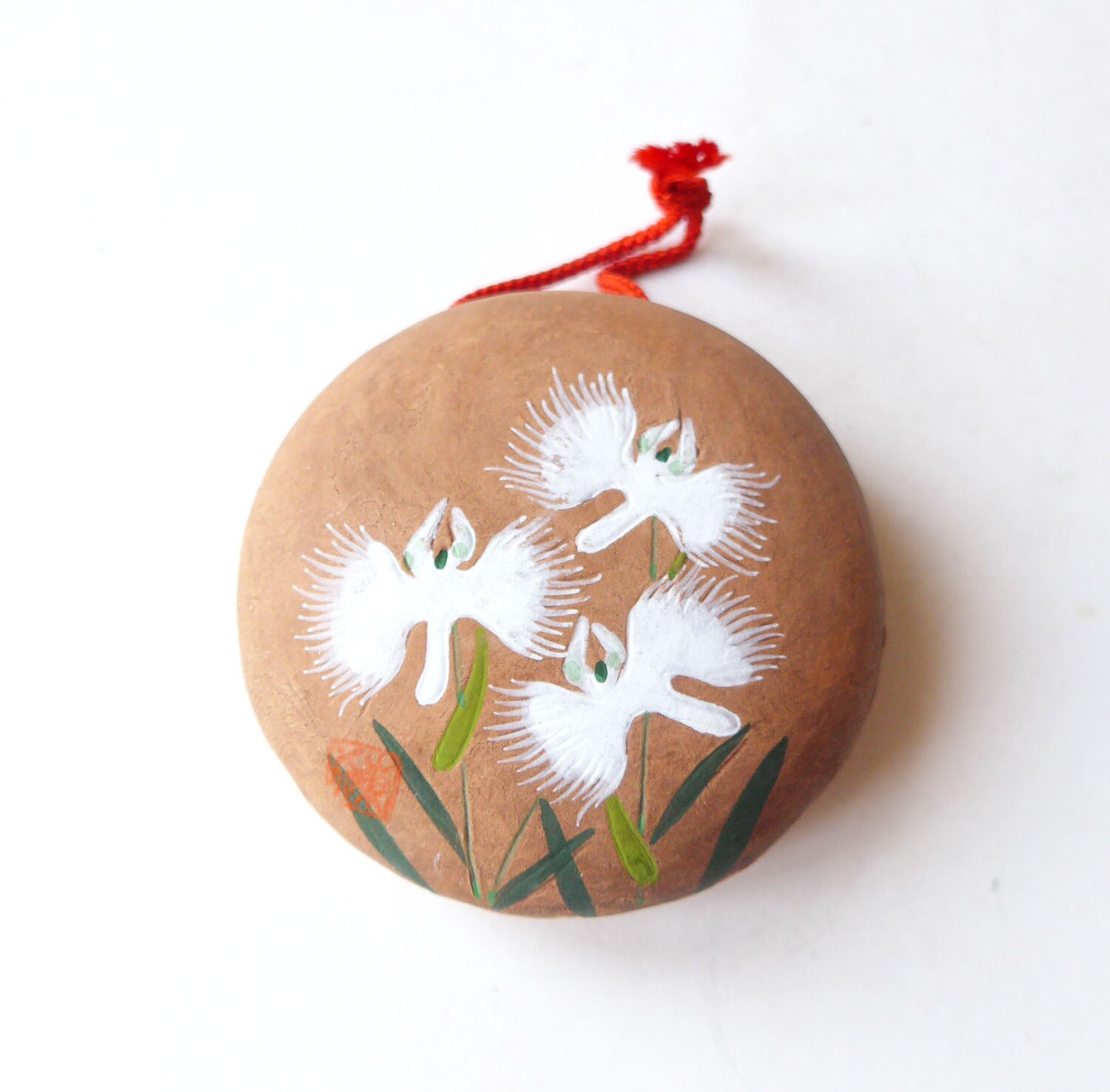 Vintage Beautiful Brown Round Earthenware Bell , White Flowers Motif Pottery Dorei Lucky Charm Hand 