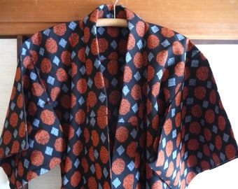 VINTAGE Japanese Kimono Woman , 1980s , Orange , Right Blue and Dark Blue Colors , Kasuri Design / Geometric Motif , Made in Japan , Wool