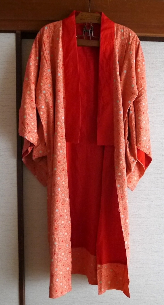VINTAGE Japanese Kimono 1970s Orange , Yellow , Re