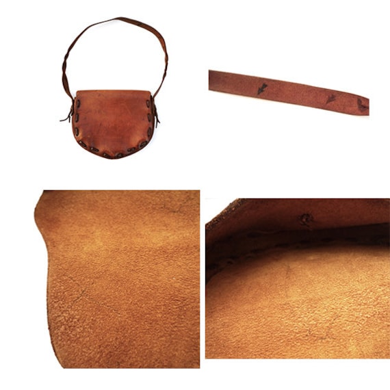 Boho Leather Bag Medium Size Thick and Sturdy Lovely Brown Tooled Leather Shoulder Purse Bag VINTAGE 1970/'s