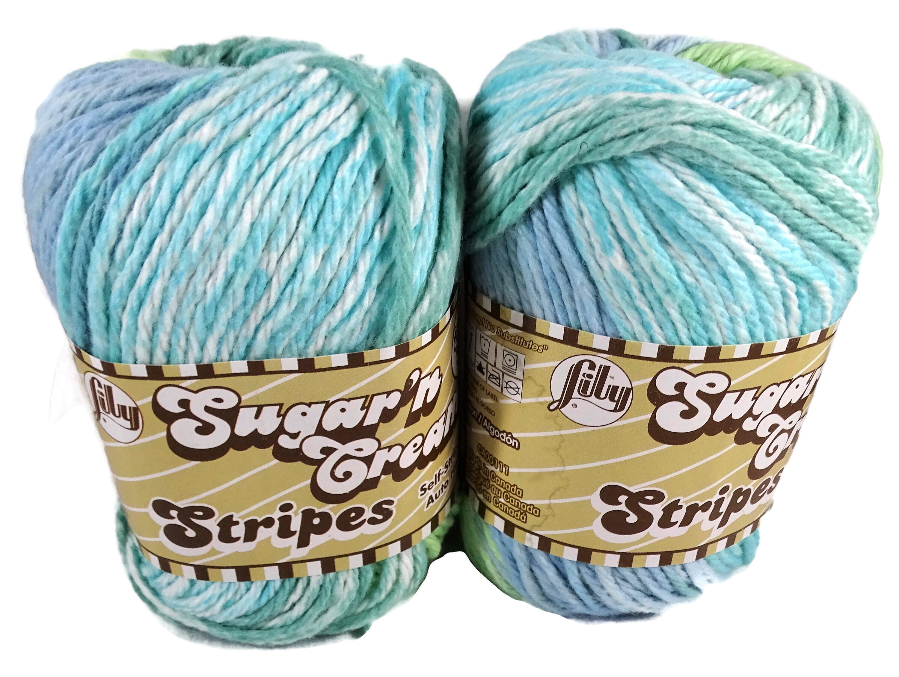 Sugar and Cream Stripes Yarn, Lime Stripes. Green and White in