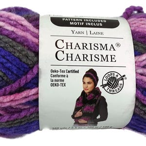 May include: A skein of Loops & Threads Charisma yarn in the color "Purple Haze". The yarn is a multi-colored blend of purple, pink, gray, and blue. The label includes the brand name, yarn name, and Oeko-Tex certification.