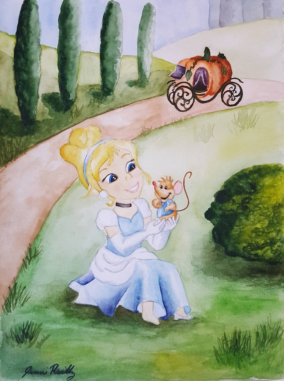 Buy Young Cinderella and Gus Gus Watercolor Print Disney Princess - Main Image