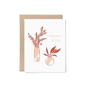 Je pense à vous carte d'amitié | de voeux en papier recyclé | Amoureux des plantes minimaliste bohème rose pêche rouille