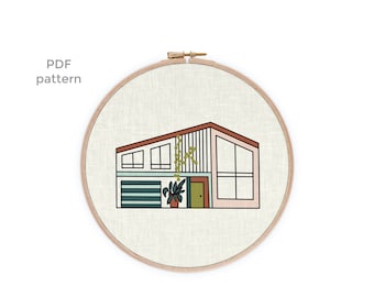 Modernist Mid-century House Hoop Embroidery Pattern PDF Download | Modernist Boho Ranch 1970s | Hand Stitching