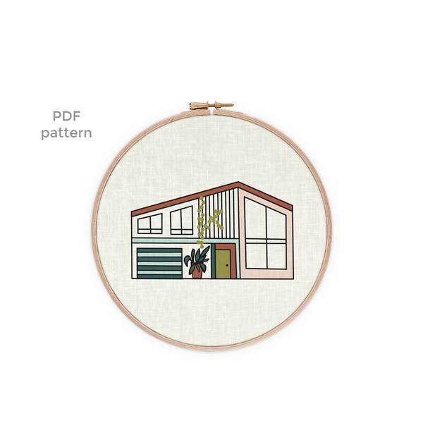 Modernist Mid-century House Hoop Embroidery Pattern PDF Download | Modernist Boho Ranch 1970s | Hand Stitching