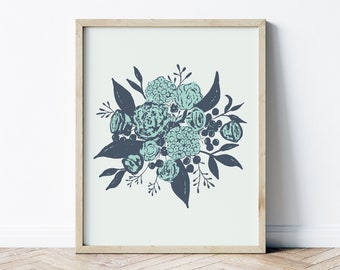 Blue Bouquet Floral Art Print 8x10 | Navy & Aqua Floral Wall Art | Boho Flowers Design Gicleé Print for Gallery Wall