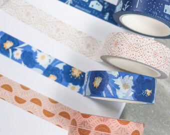 Set of 4 Craft Washi Tape in Blue and Peach | Modern Boho Masking Tape | Planner Bullet List Journal Scrapbooking Supplies