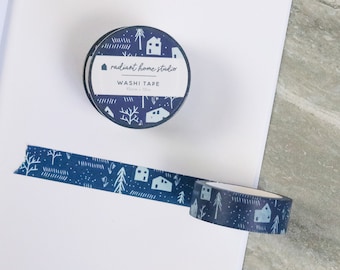 Cute House Washi Tape in Blue | Winter Masking Tape | Planner Bullet List Journal Scrapbooking Supplies (2-pack)