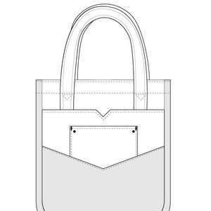 May include: A white tote bag with a gray front pocket and a smaller white pocket above it. The bag has two handles and a rectangular shape with rounded corners. The front pocket has a V-shaped design.