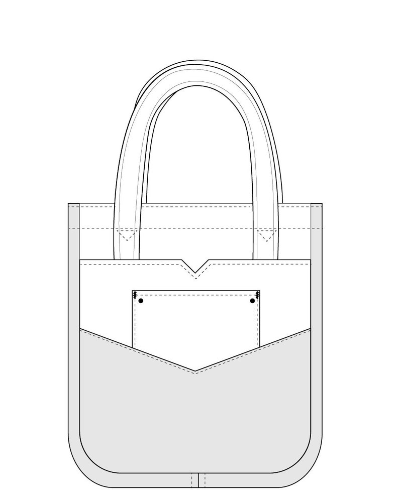 May include: A white tote bag with a gray front pocket and a smaller white pocket above it. The bag has two handles and a rectangular shape with rounded corners. The front pocket has a V-shaped design.