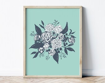 Aqua Bouquet Floral Art Print 8x10 | Navy & Aqua Floral Wall Art | Boho Turquoise Flowers Design Gicleé Print for Gallery Wall