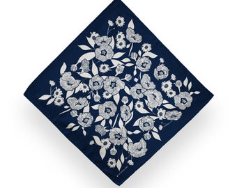 Classic Flower Bandana | Navy and White Floral Bandanna | Cotton Fabric Screenprinted Eco-friendly Gift Wrap Headband