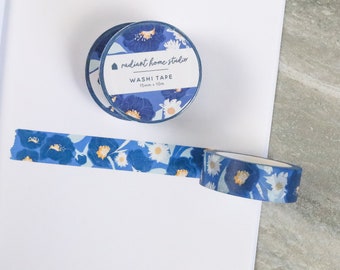 Flower Washi Tape in Blue | Floral Masking Tape | Planner Bullet List Journal Scrapbooking Supplies (2-pack)