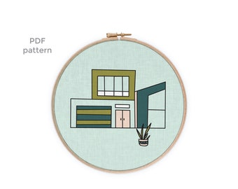 Modernist Mid-century House Hoop Embroidery Pattern PDF Download | Modernist Boho Ranch 1970s | Hand Stitching