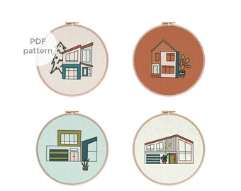 Modern House Hoop Embroidery 4 Pattern Set PDF Download | Modernist Southwest Boho Townhouse Mountain | Home Stitching Collection