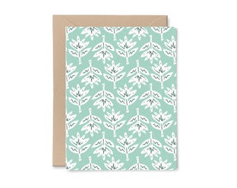 Block Print Leaf Everyday Blank Card | Recycled Paper Greeting Card | Aqua Blue Green