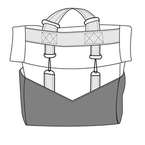 K&ouml;nnte beinhalten: Eine schwarze und graue Canvas-Tasche mit wei&szlig;en Tr&auml;gern und einem oberen Griff. Die Tasche hat einen V-f&ouml;rmigen Boden und eine breite, flache Oberseite.