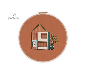 Modernist Mid-century House Hoop Embroidery Pattern PDF Download | Modernist Boho Ranch 1970s | Hand Stitching