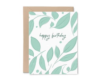 Simple Leaves Birthday Card | Recycled Paper Greeting Card | Green Leaves Minimal Neutral Simple