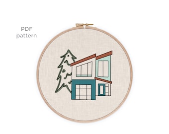 Modernist Mid-century House Hoop Embroidery Pattern PDF Download | Modernist Boho Ranch 1970s | Hand Stitching