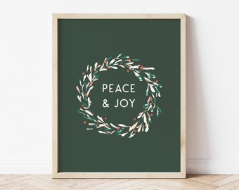 Peace & Joy Green Christmas Quote Art Print | Farmhouse Modern Holiday Wall Art with Wreath