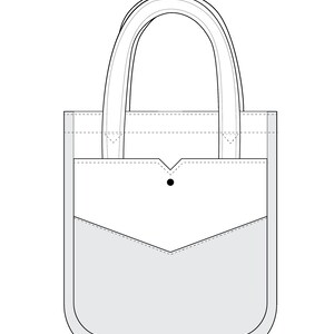 May include: A white and gray tote bag with a rounded rectangular shape. The bag features a front pocket with a pointed design and a small black button. It has a curved handle for carrying.