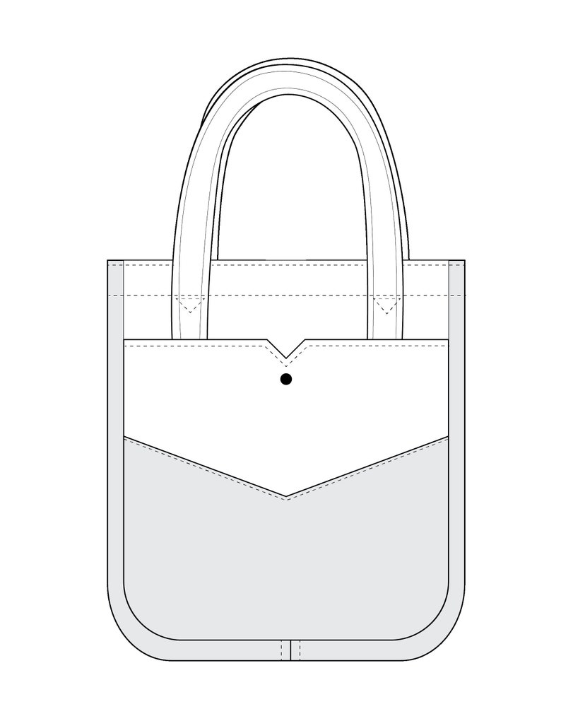 May include: A white and gray tote bag with a rounded rectangular shape. The bag features a front pocket with a pointed design and a small black button. It has a curved handle for carrying.