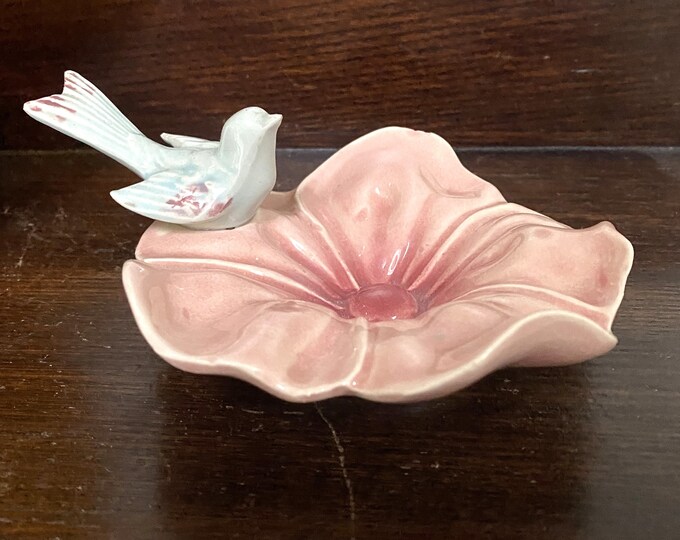 Vintage Pink Ceramic Flower Dish With Green Bird Decorative Trinket Dish Etsy
