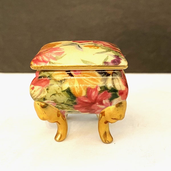 Vintage Porcelain Footed Trinket Ring Box Hand Painted Floral with Gold Accents Petite Jewelry Box