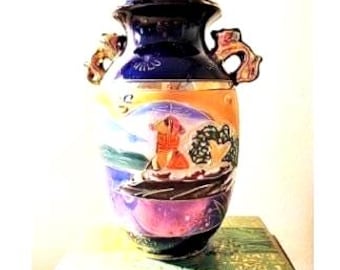 Antique Vase Japanese Satsuma Gosu Cobalt Blue Moriage 7 inch Vase Stunning Colors and Gold Gilt and Slip-trailing Design
