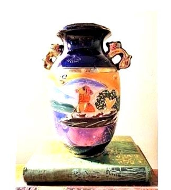 Antique Vase Japanese Satsuma Gosu Cobalt Blue Moriage 7 inch Vase Stunning Colors and Gold Gilt and Slip-trailing Design