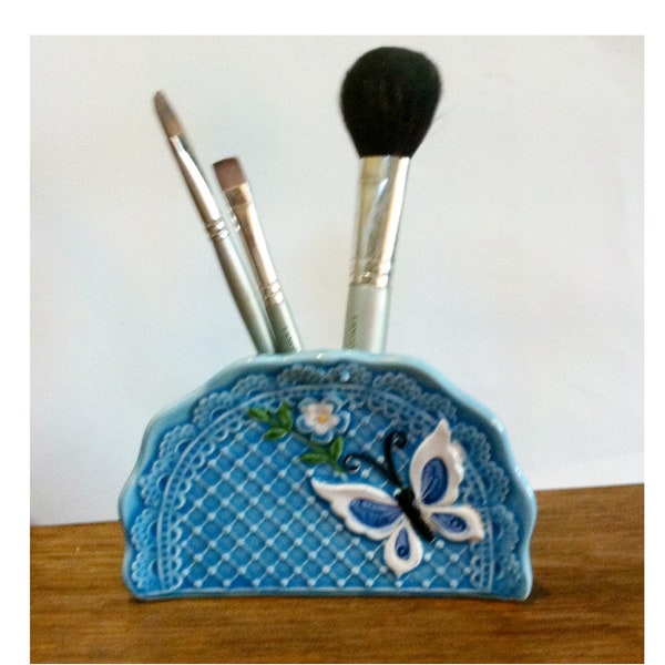 Vintage Ceramic Makeup Brush Holder Mid Century Vanity Blue Raised Butterfly and Flower Design Unique Pen or Pencil Holder