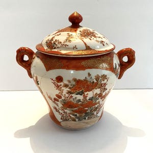 Antique Large Japanese Sugar Bowl Red and Gold Flower Design with Lid