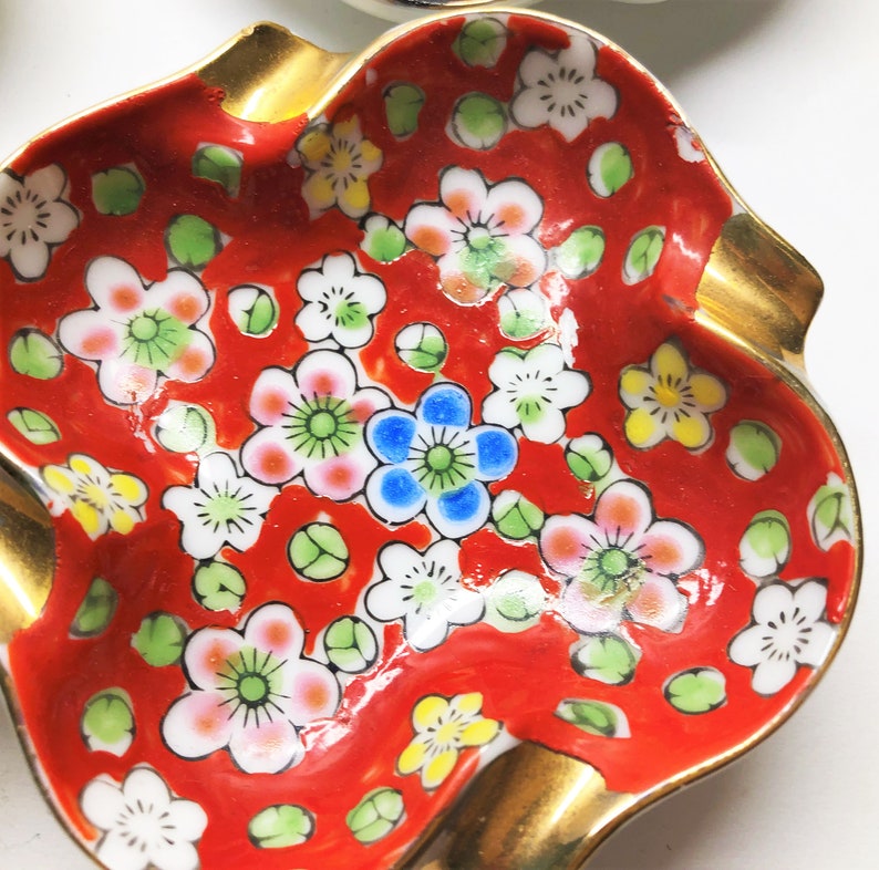 Red Blue and Black Perfect Size for Jewelry Vintage Ceramic China Trinket Dishes Set of Four Floral Stacking Dishes in Yellow