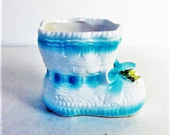 Vintage Ceramic Baby Shoe Planter Baby Room Decor Blue and White Baby Shoe Container