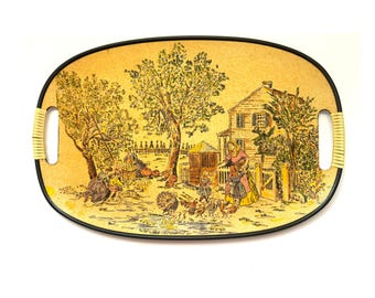 Vintage Enesco Tray Colonial America Design Serving Tray Shades of Yellow and Green Large 18 inch Decorative Tray