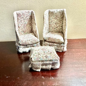 Vintage Doll House Furniture 1/12 scale Two Wingback Armchairs with Ottoman, Upholstered Armchairs and Ottoman