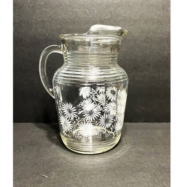 Vintage Hazel Atlas Glass Pitcher Clear with White Daisys Large Heavy Pitcher with Ice Lip for Juice, Water or Your Favorite Beverage