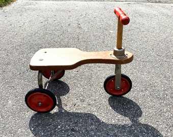 Vintage 1950s Kids Tricycle Red Wood 3 Wheel Scooter Retro Mid Century Toy