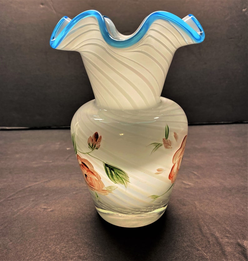 Vintage Cased Glass Ruffle Vase White Swirl Pattern Blue Edged Etsy