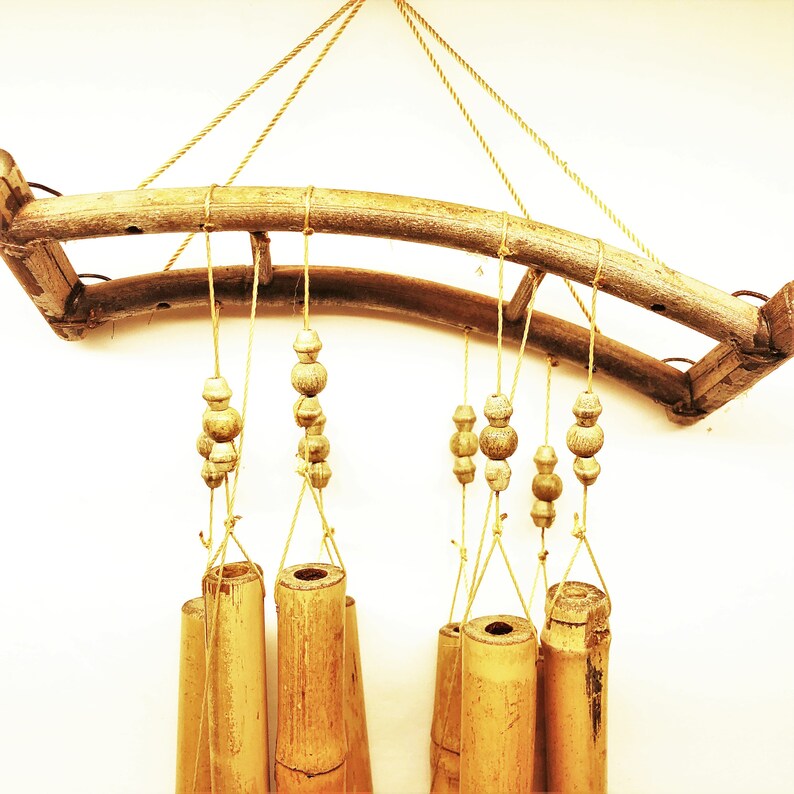 Vintage Asian Bamboo Wind Chimes Hanging from Japanese Pergola Soothing Sound Wind Chimes Feng Shui